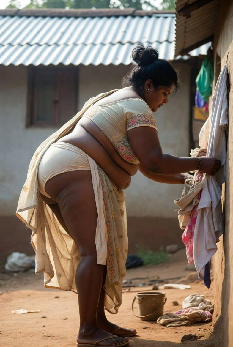 Curvy South Indian aunty hanging laundry outdoors showing large posterior