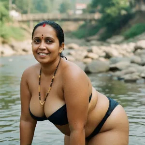 Curvy Indian aunty in black bikini posing in river