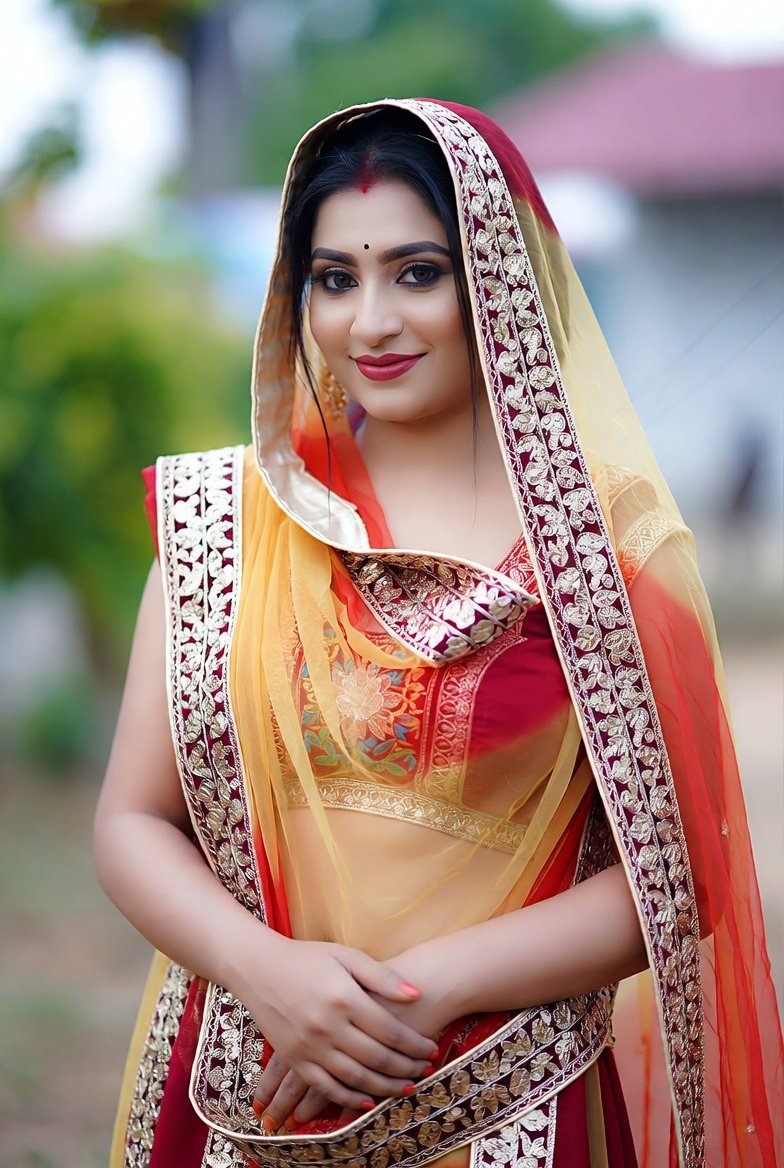Indian bhabhi in red lehenga smiling outdoors