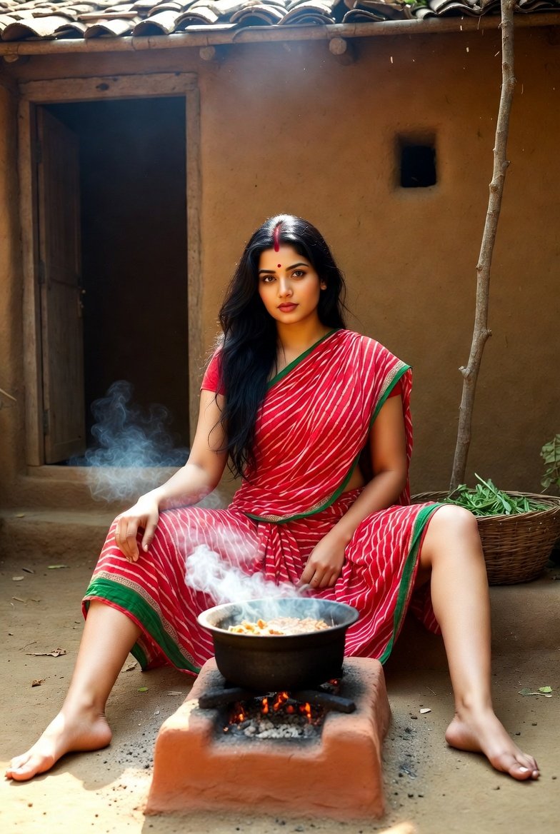 Hot Indian aunty in red saree cooking traditionally outdoors