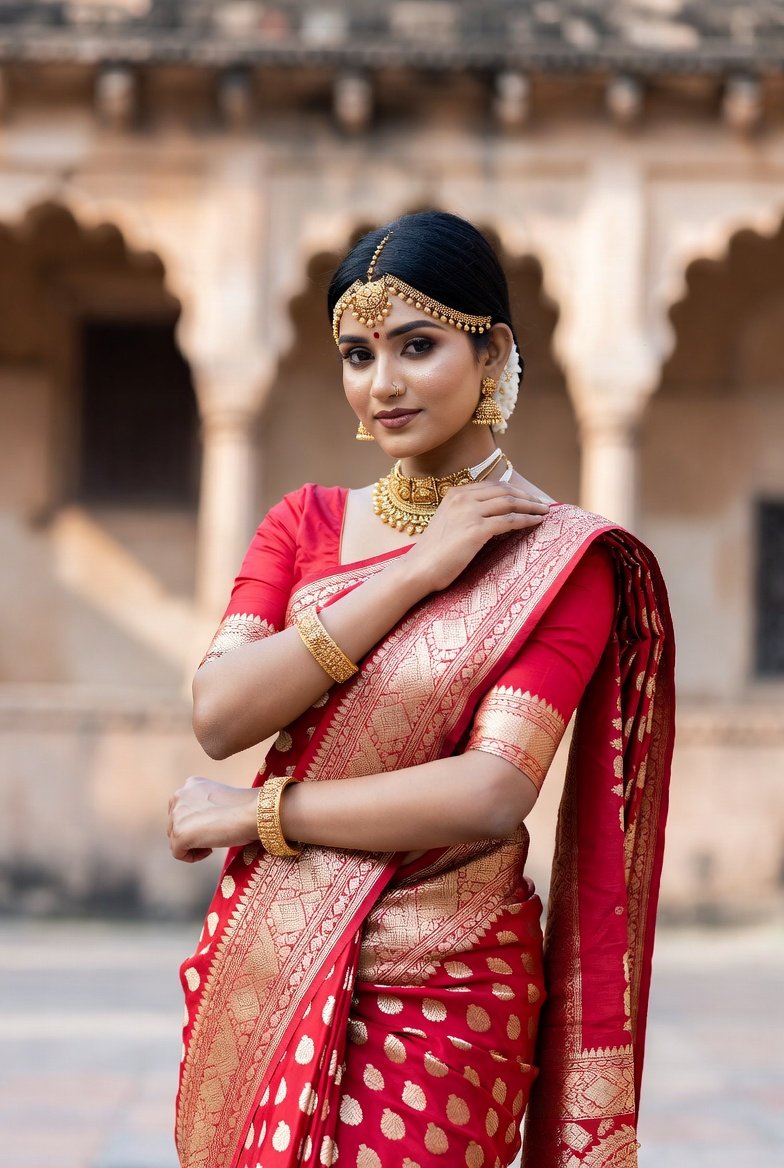 Indian woman in red and gold saree with ornate jewelry