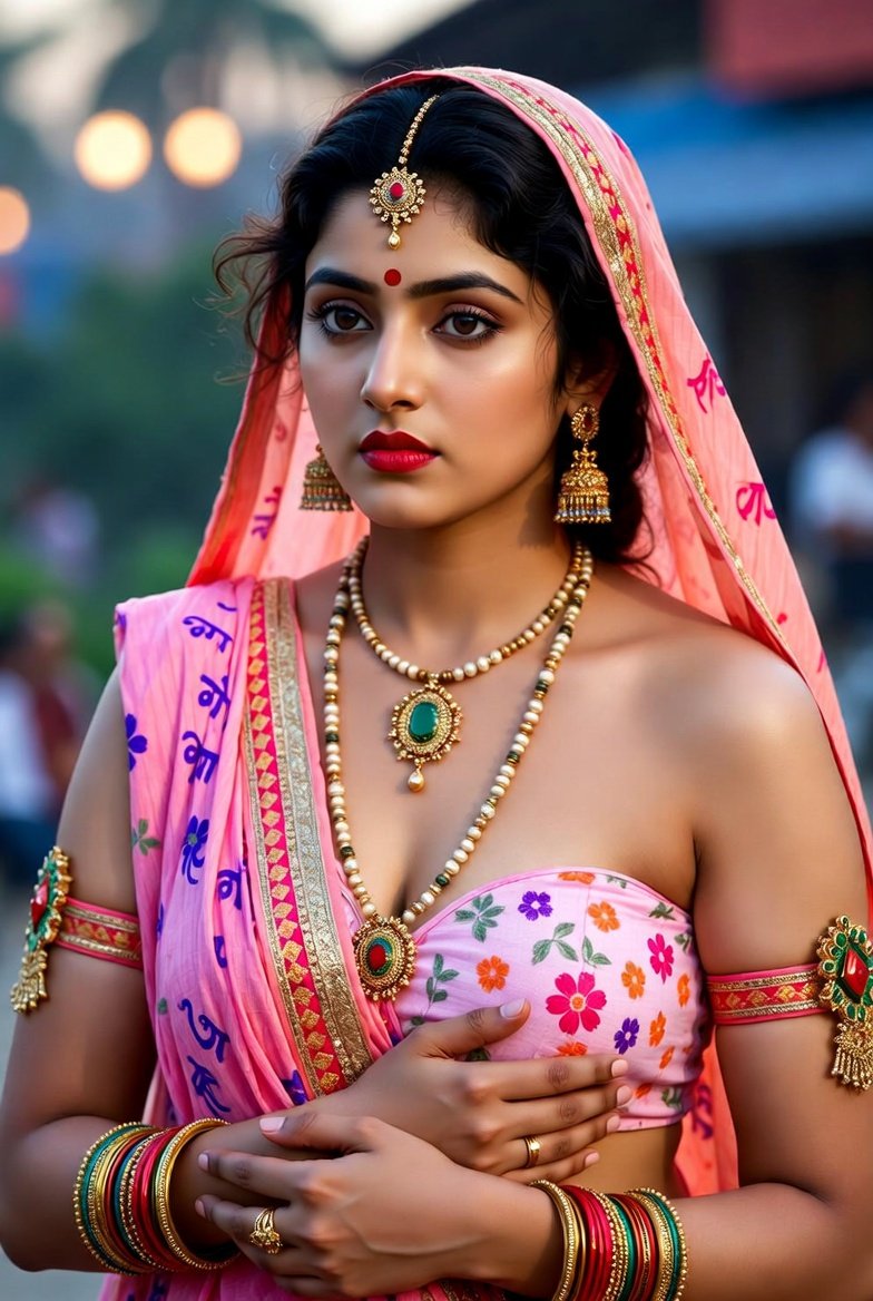 Desi bhabhi in pink saree and blouse with ornate jewelry