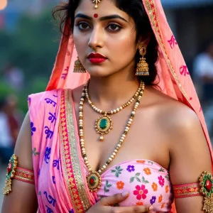 Desi bhabhi in pink saree and blouse with ornate jewelry