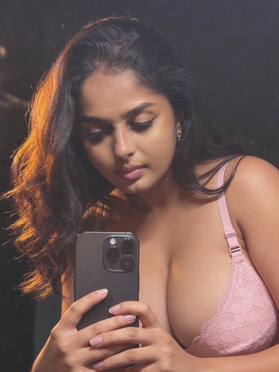 Indian girl with long dark hair taking selfie in pink lace bra