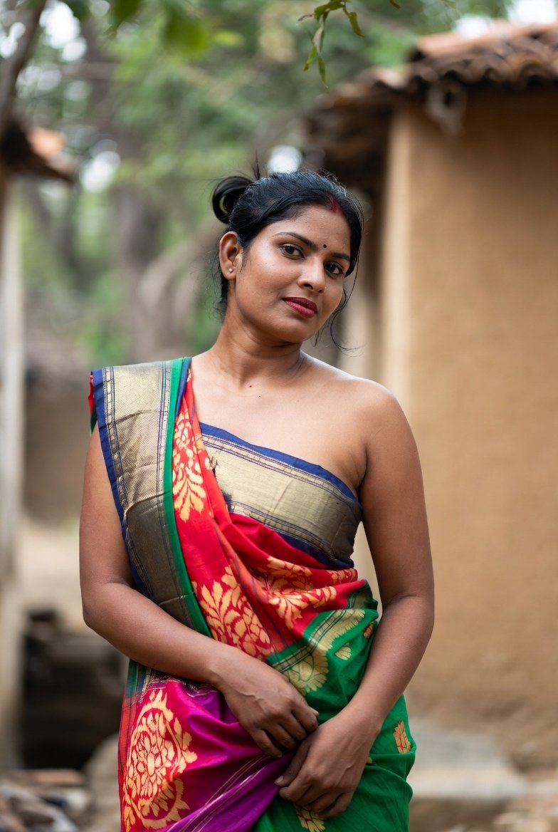 Indian woman in colorful saree posing outdoors