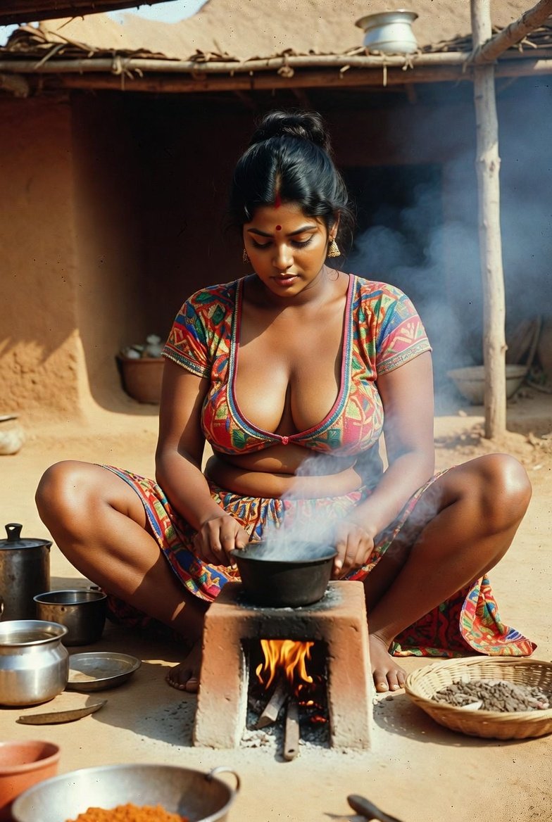 Beautiful Indian aunty in traditional blouse cooking over fire pot