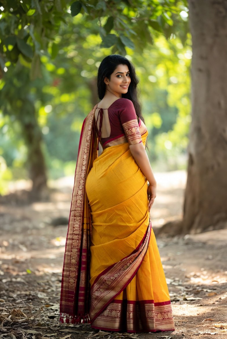 Indian woman in yellow saree smiling outdoors