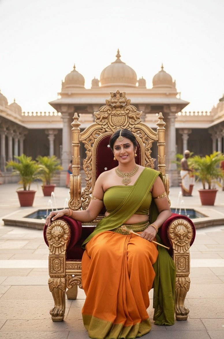 Beautiful Indian bhabhi in orange saree sitting on ornate golden throne