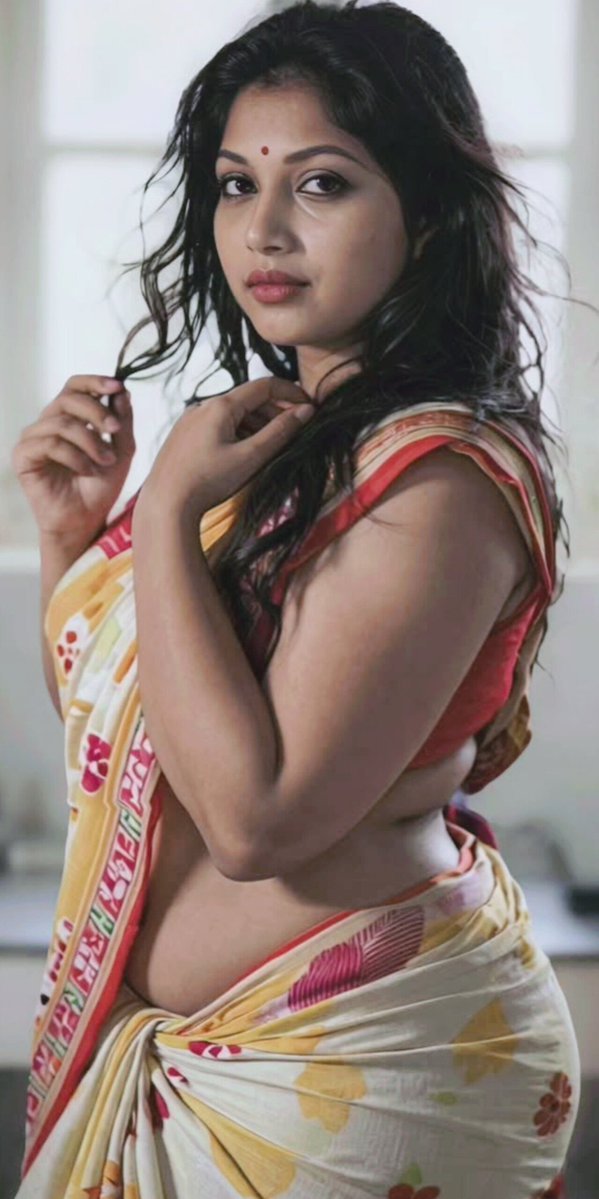 Curvy Indian aunty in colorful saree posing sensually indoors