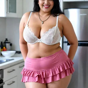 Curvy desi bhabhi in lace bra and pink skirt smiling in kitchen