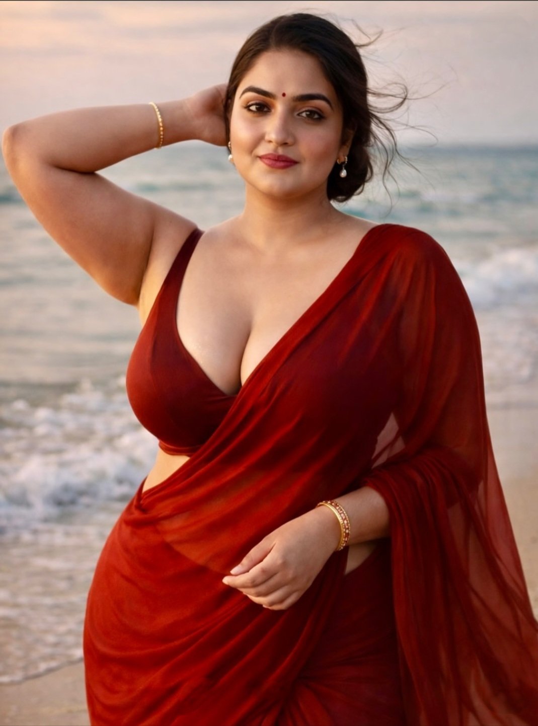 Stunning bhabhi in red saree posing on beach