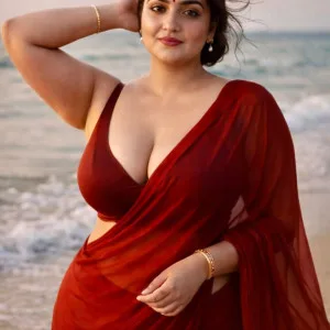 Bodacious Bhabhi in Red Saree by the Beach