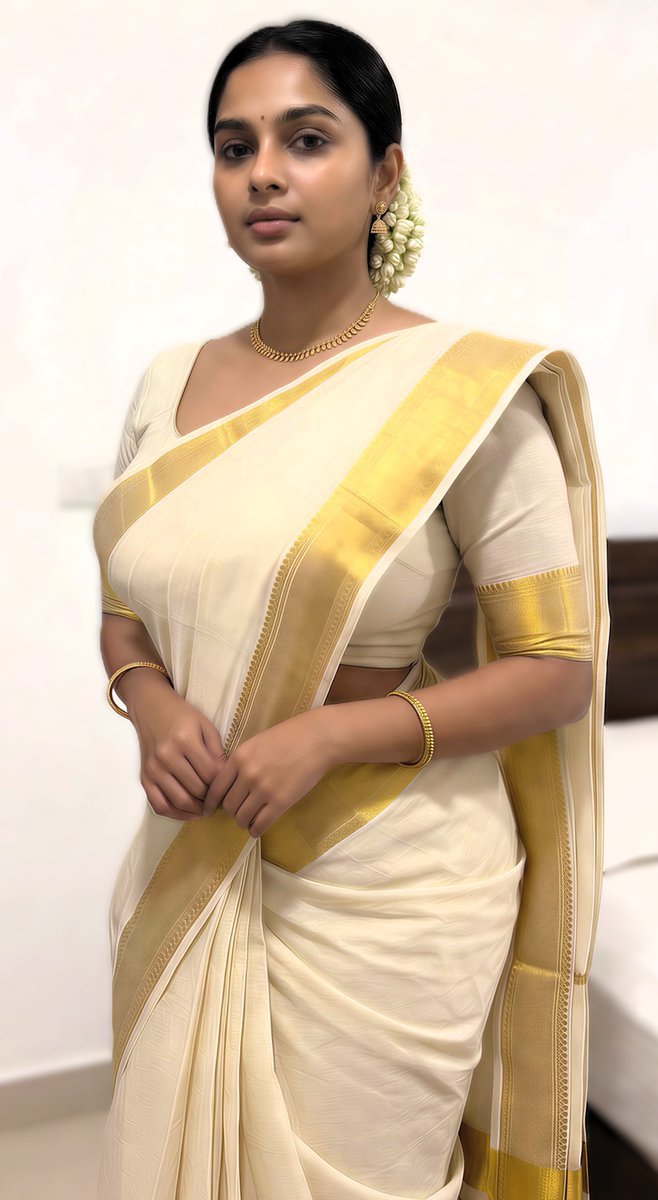 Indian woman in white saree with gold accents
