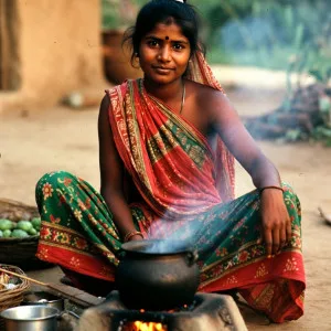 Indian aunty in saree cooking over fire in traditional setting