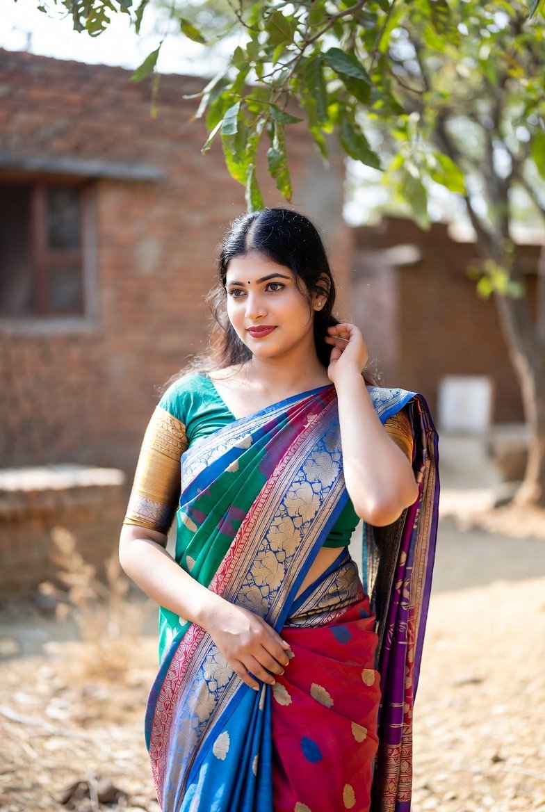 Beautiful Indian woman in colorful saree posing outdoors seductively