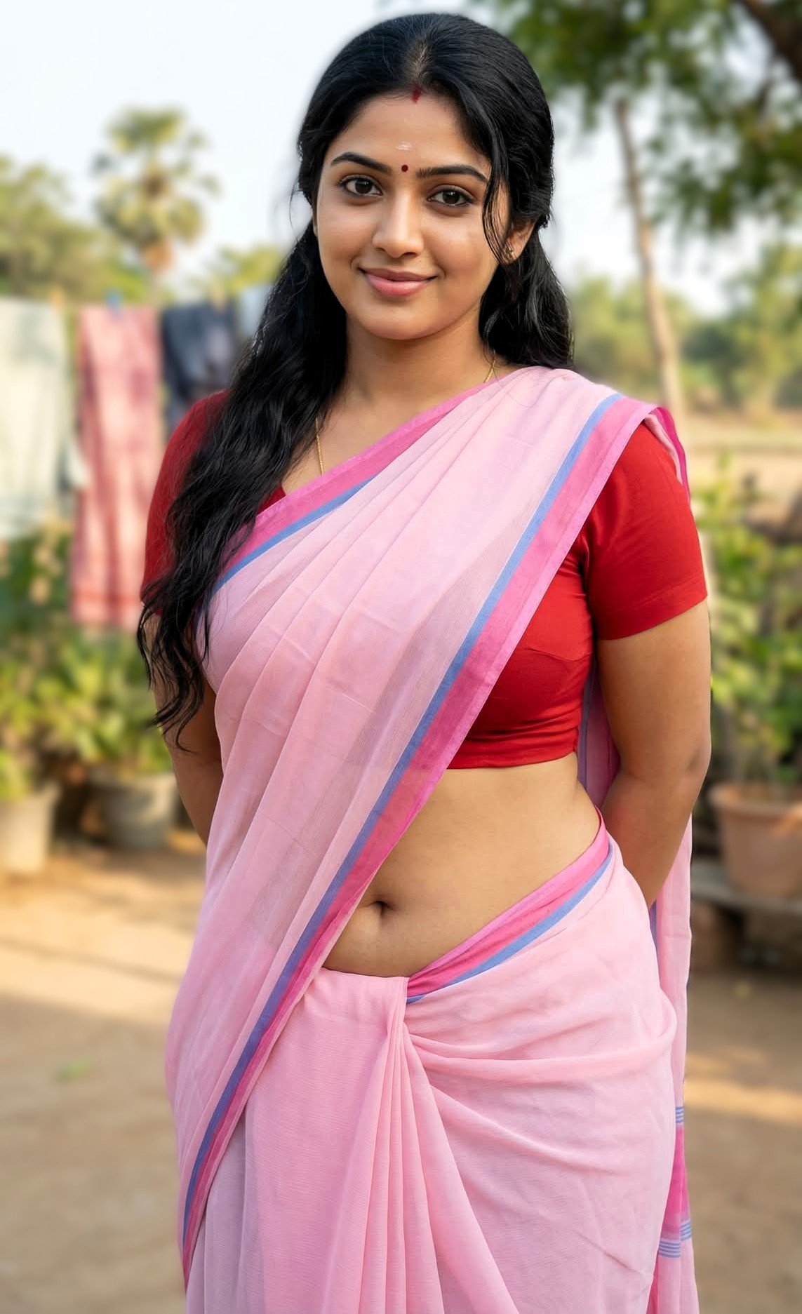 Indian bhabhi in pink saree posing confidently outdoors