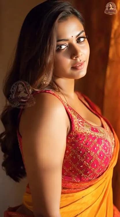 Captivating Indian aunty in vibrant saree posing seductively