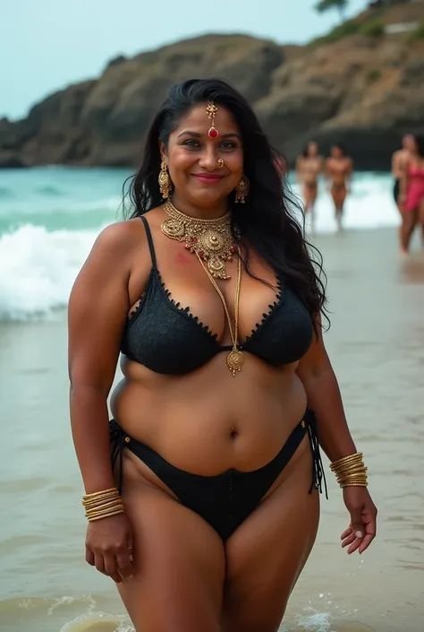 Confident curvy desi aunty in black bikini with gold jewelry at beach