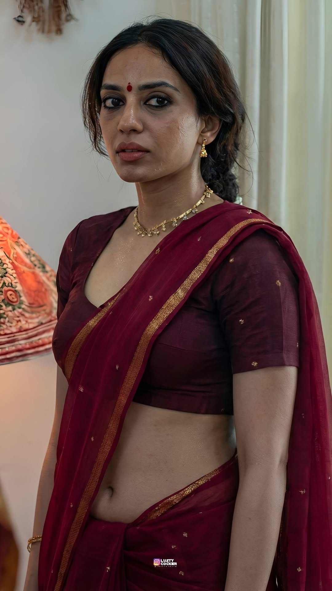 South Indian bhabhi in maroon saree posing with a sultry expression