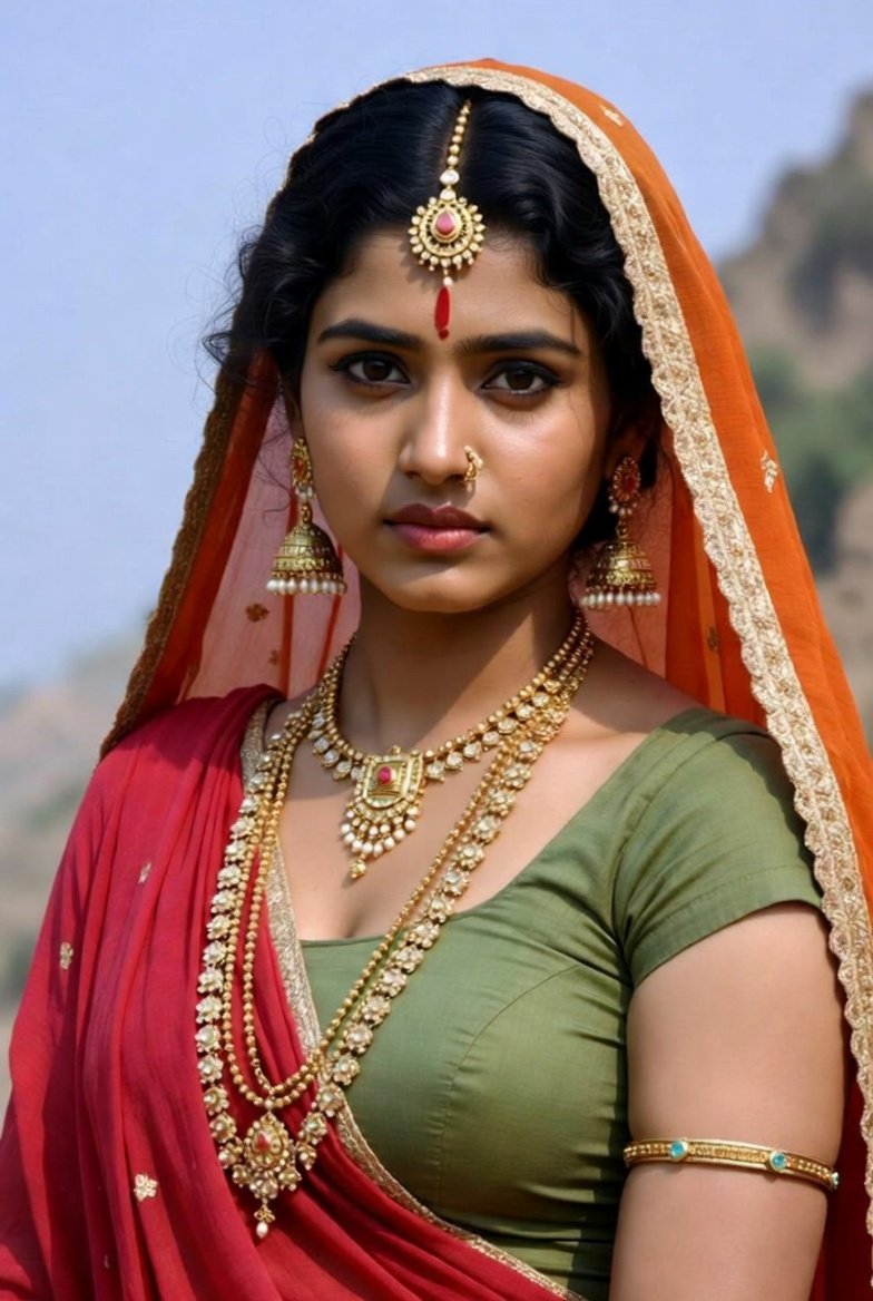 Indian aunty wearing traditional red saree and jewellery outdoors