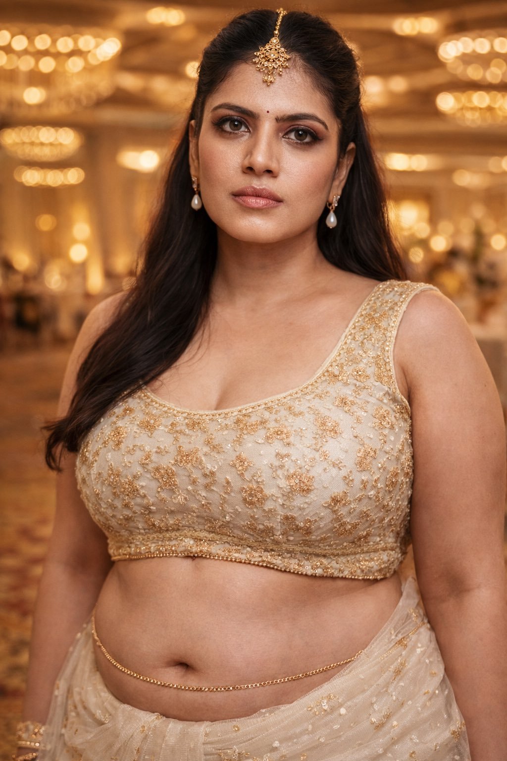 Indian bhabhi in golden outfit with confident expression